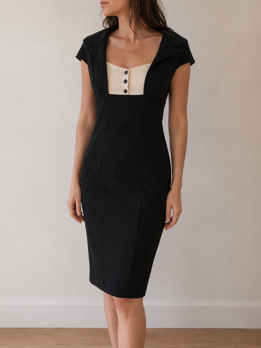 Lindy Bop Black Retro Wiggle Midi Dress Black Contrast Bodice Vintage Pinup -M